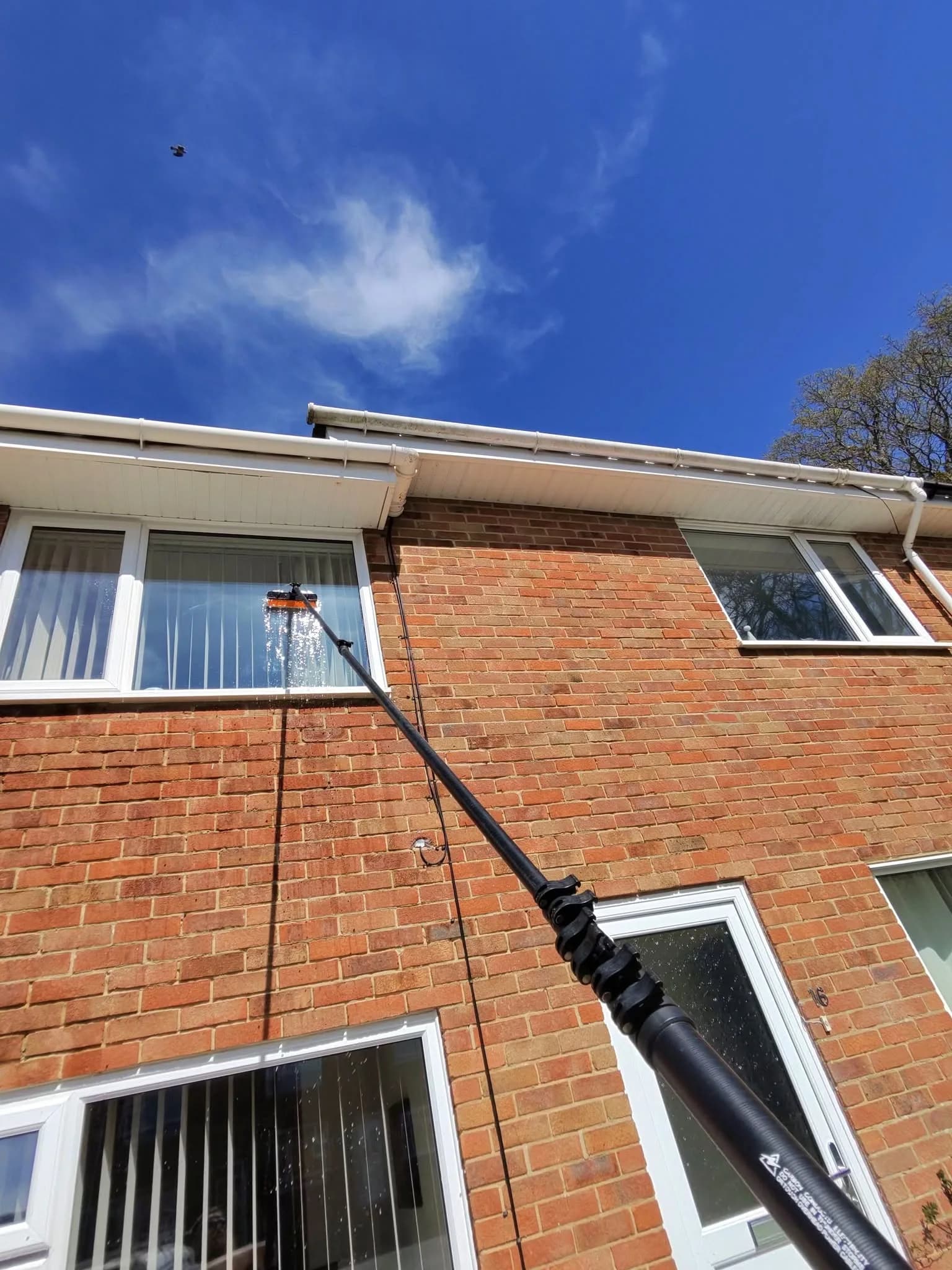 Glacier Cleaning Services using a water-fed pole to clean an upstairs window